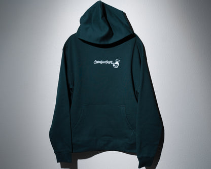 a pine green midweight hoodie with a centered graphic of the second to none logo in graffiti type